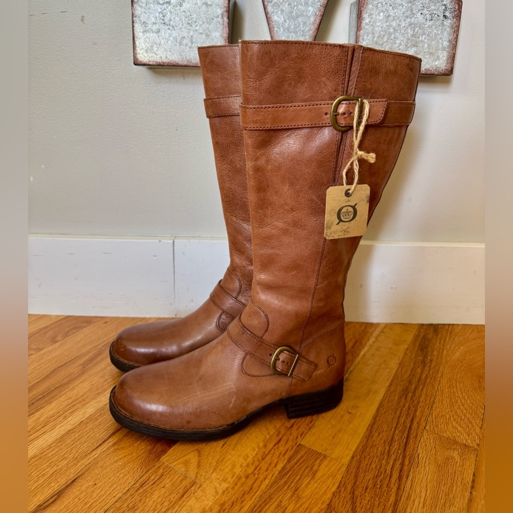 NEW Born Women's Tall Brown Leather Riding Boots with Buckle Detail, Size 10